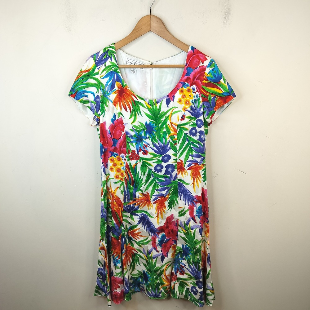 A.J. Bari Vintage Floral Silk Dress Size 12 Tropical Colorful Vibrant Art